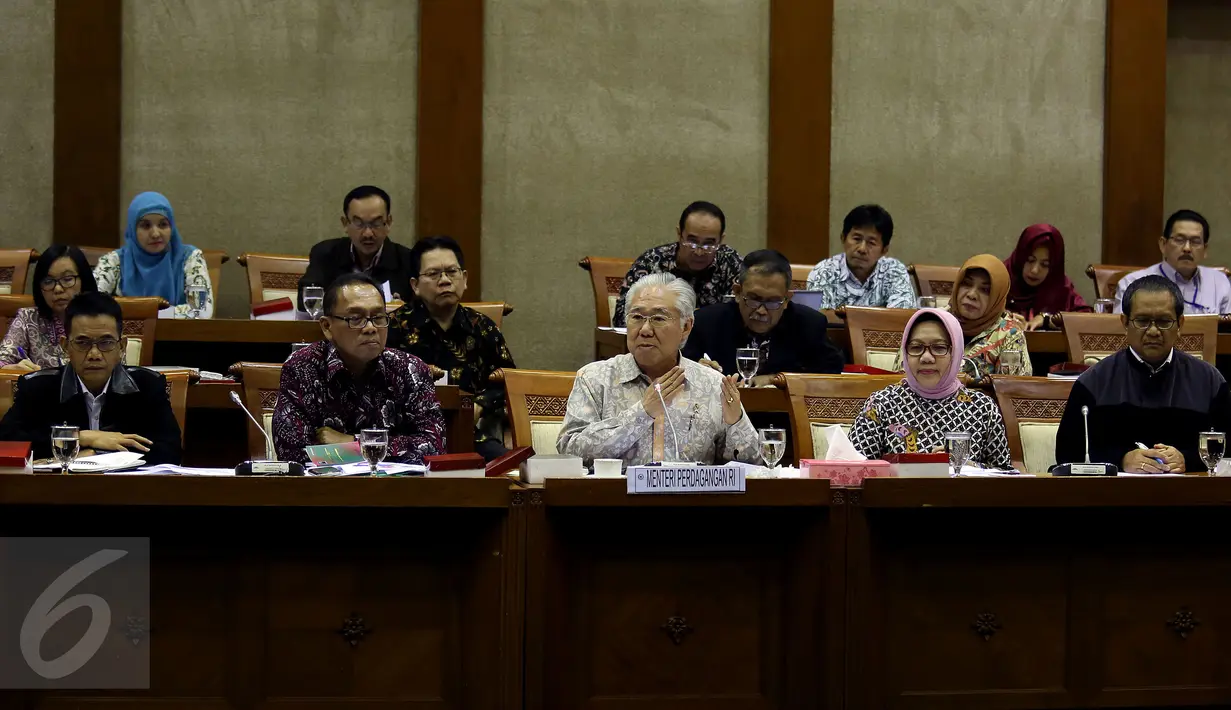 Menteri Perdagangan, Enggartiasto Lukita dan jajaranya saat rapat kerja dengan Komisi VI DPR di Komplek Parlemen, Senayan, Jakarta, Selasa (14/2). Rapat tersebut membahas harga cabe dan daging sapi yang sempat melonjak tinggi. (Liputan6.com/Johan Tallo)
