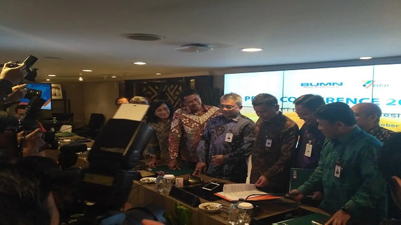 Jajaran Direksi PT BNI Tbk saat memaparkan kinerja di kuartal III. (Liputan6.com/Achmad Dwi Apriyadi)