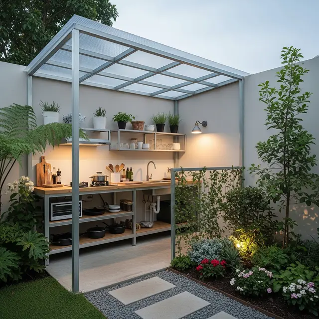Dapur Kecil Semi Outdoor dengan Rangka Baja Ringan dan Tanaman Hias