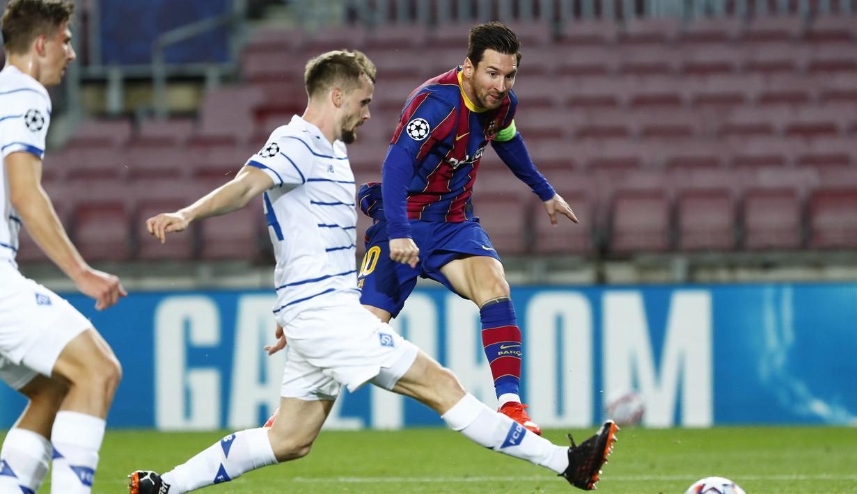 2. Lionel Messi (Barcelona) - Total penampilan sebanyak 147, termasuk saat melakoni partai matcday 3 musim 2020/2021 melawan Dynamo Kiev (4/11/2020). (AP Photo/Joan Monfort)