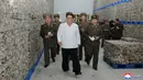 Gambar tak bertanggal yang dirilis pada 19 November 2019, pemimpin Korea Utara Kim Jong-un (tengah) mengunjungi pabrik pengolahan ikan di lokasi yang dirahasiakan di Korea Utara. Kim Jong-un berbicara dengan para pekerja dan sesekali tertawa saat berkeliling pabrik.  STRINGER/KCNA VIA KNS/AFP)
