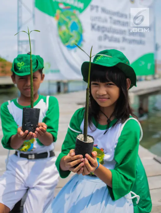 Siswa sekolah dasar memperlihatkan tanaman mangrove saat mengikuti kegiatan menanam 100.000 pohon di Area Labirin Pulau Pramuka, Kepulauan Seribu, Jakarta, Rabu (28/11). (Liputan6.com/Faizal Fanani)