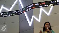 Pengunjung melintas di dekat monitor perkembangan saham di Bursa Efek Indonesia, Jakarta, Senin (2/11).  Indeks Harga Saham Gabungan (IHSG) di Bursa Efek Indonesia (BEI) pada Senin dibuka melemah sebesar 12,76 poin. (Liputan6.com/Immanuel Antonius)