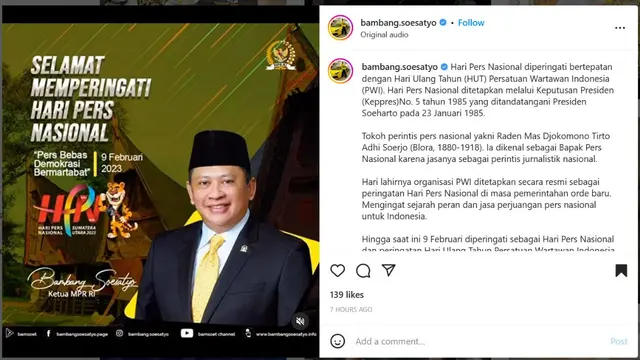 Unggahan di akun sosial media Instagram Ketua MPR RI Bambang Soesatyo mengucapkan Selamat Hari Pers Nasional 2023.