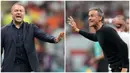 Foto kolase dari pelatih timnas Jerman, Hansi Flick (kiri) dan pelatih Spanyol, Luis Enrique saat memberikan instruksi kepada timnya dalam pertandingan grup E Piala Dunia 2022 antara Spanyol melawan Jerman yang berlangsung di Al Bayt Stadium, Senin (28/11/2022) dini hari WIB. Buntu di babak pertama, kedua pelatih tersebut mengandalkan pemain pengganti untuk mencetak gol di babak kedua. (Foto-foto: AP Photo/Luca Bruno, Matthias Schrader)