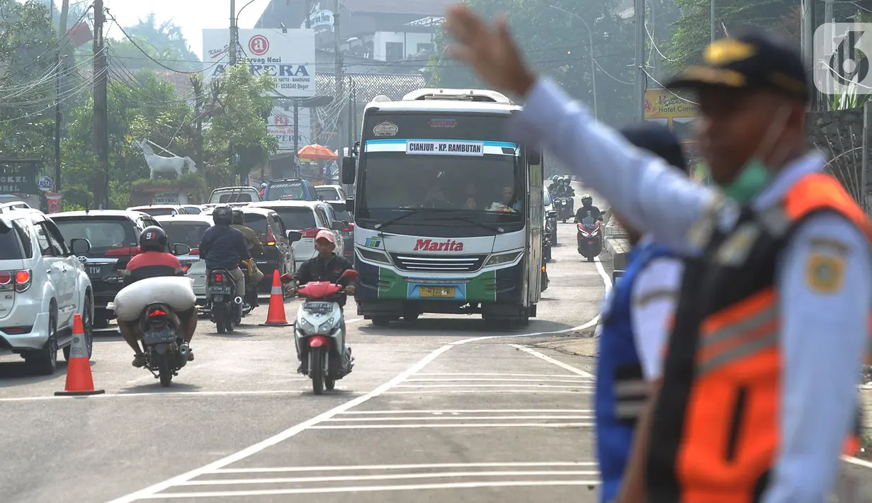 Kendaraan melintas saat uji coba sistem kanalisasi 2-1 Jalur Puncak di kawasan Gadog, Bogor, Jawa Barat, Minggu (27/10/2019).Pemberlakuan sistem kanalisasi 2-1 Jalur Puncak sebagai alternatif dari sistem buka-tutup yang telah diberlakukan selama ini. (merdeka.com/Arie Basuki)