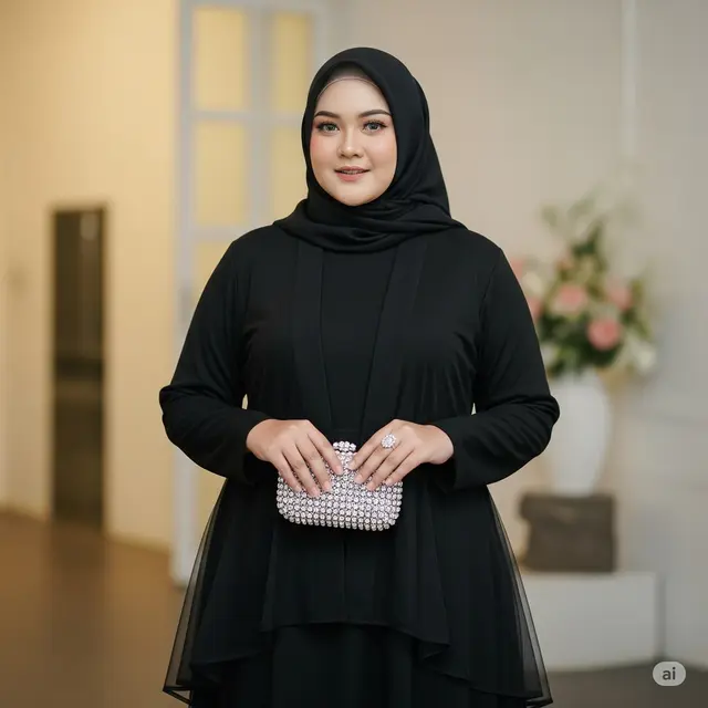 Gamis Double Layer Tulle Hitam