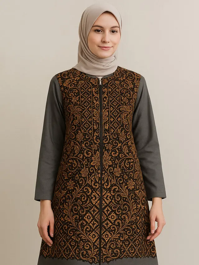 Model Tunik Batik Resleting Depan Kombinasi Lengan Panjang Polos