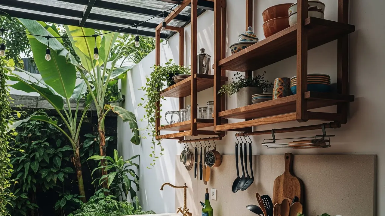 Ide Dapur Halaman Belakang Kecil dengan Rak Gantung