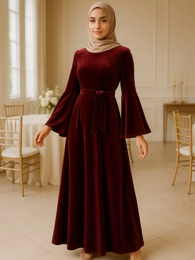 Long Dress Lengan Flare Bahan Velvet
