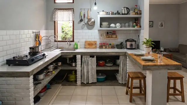 9 Desain Dapur dengan Meja Cor Berbentuk U untuk Rumah Tanpa Kitchen Set