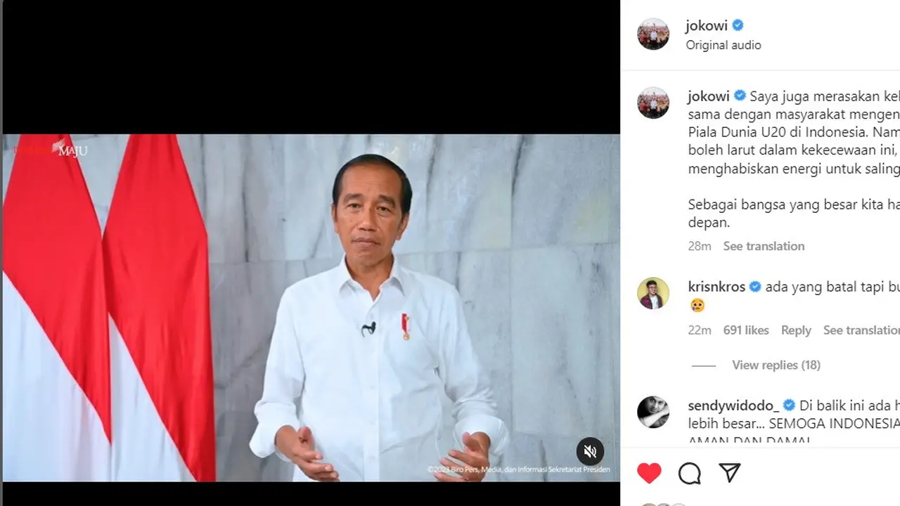 Presiden Jokowi berpesan agar masyarakat tidak menghabiskan energi untuk saling menyalahkan, pasca dicoretnya Indonesia sebagai tuan rumah Piala Dunia U-20 2023