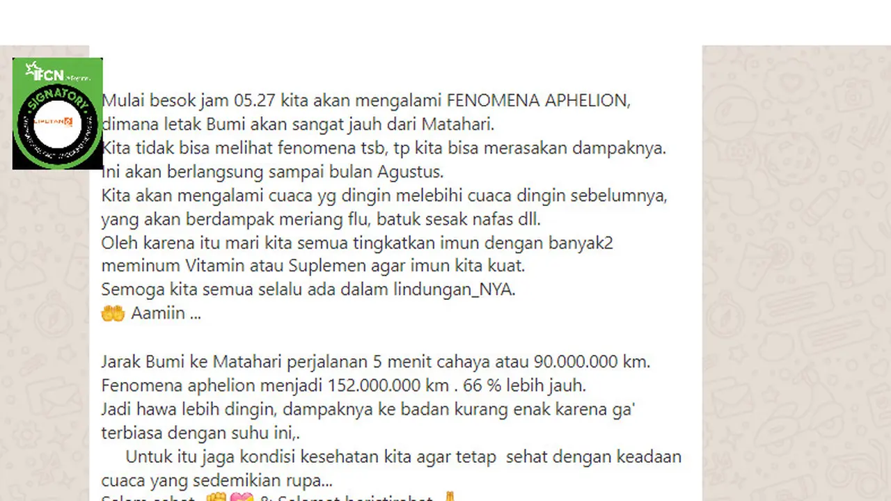 Cek Fakta Liputan6.com mendapati klaim fenomena Aphelion membuat suhu lebih dingin