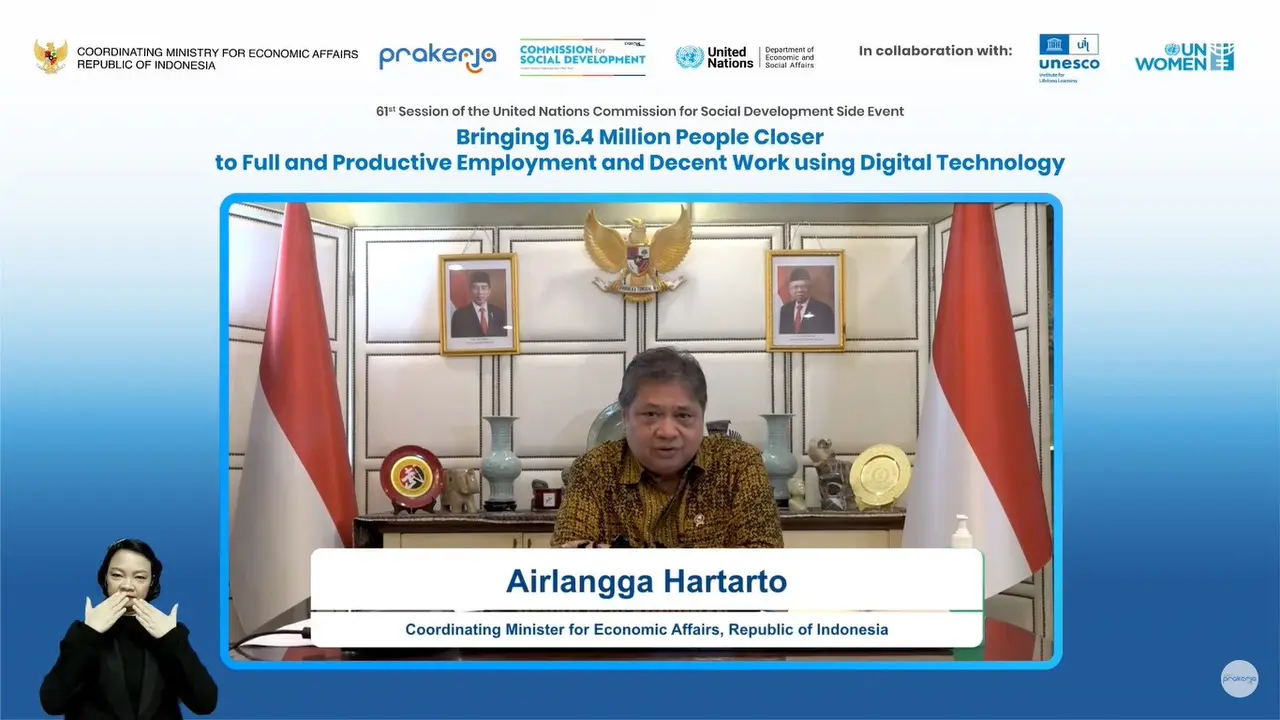 Menko Airlangga saat menyampaikan keynote speech secara virtual dalam acara pendukung Sidang ke-61 Komisi Pembangunan Sosial PBB