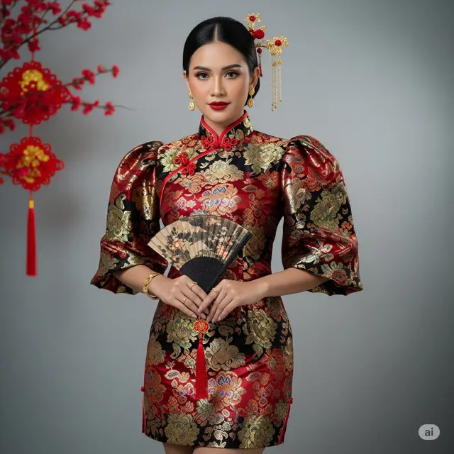 Dress Brokat Lengan Balon Pendek. Foto: Gemini