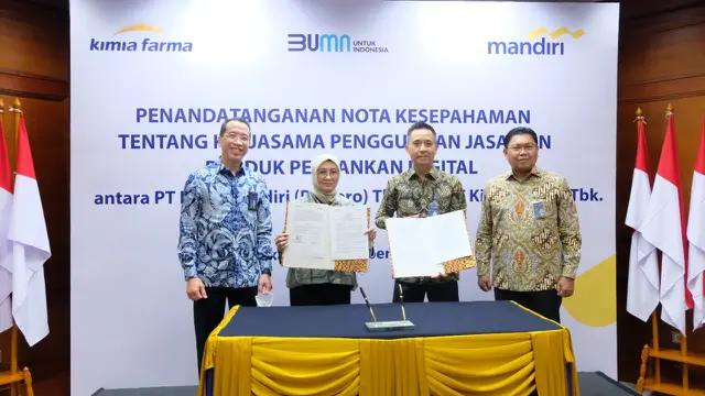 Penandatanganan Nota Kesepahaman (MoU) antara Kimia Farma dengan Bank Mandiri di Jakarta, Selasa (4/10/2022).