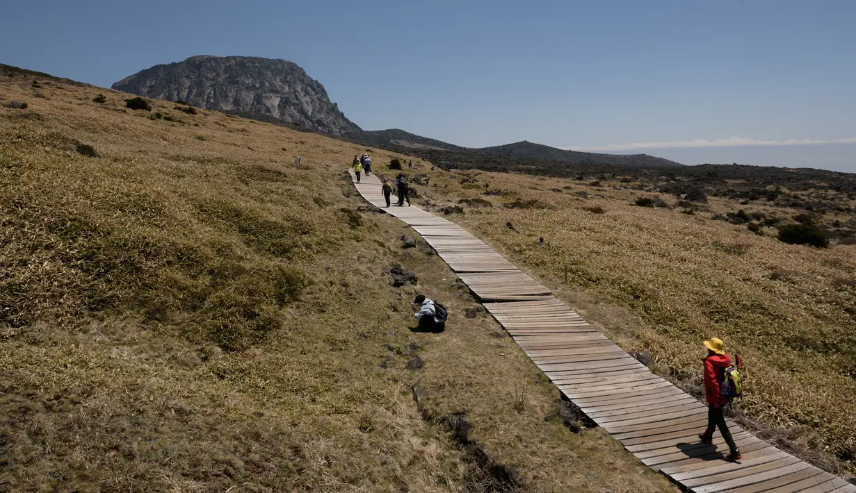 Pejalan kaki berjalan di depan puncak Hallasan, atau gunung Halla, di pulau Jeju, Korea Selatan (9/5/2019). Pulau Jeju adalah satu-satunya provinsi berotonomi khusus Korea Selatan. (AFP Photo/Ed Jones)