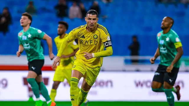 Selebrasi Cristiano Ronaldo usai mencetak gol di laga Al Najma vs Al Nassr di laga tunda pekan ke-10 Saudi Pro League 2025/2026 di Al Najma Club Stadium, Kamis (26/02/2026) dini hari WIB.