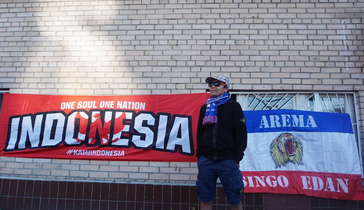 Harie Pandiono, Aremania yang datang ke Moscow, Rusia, untuk menyaksikan Piala Dunia 2018. (Bola.com/Okie Prabhowo)