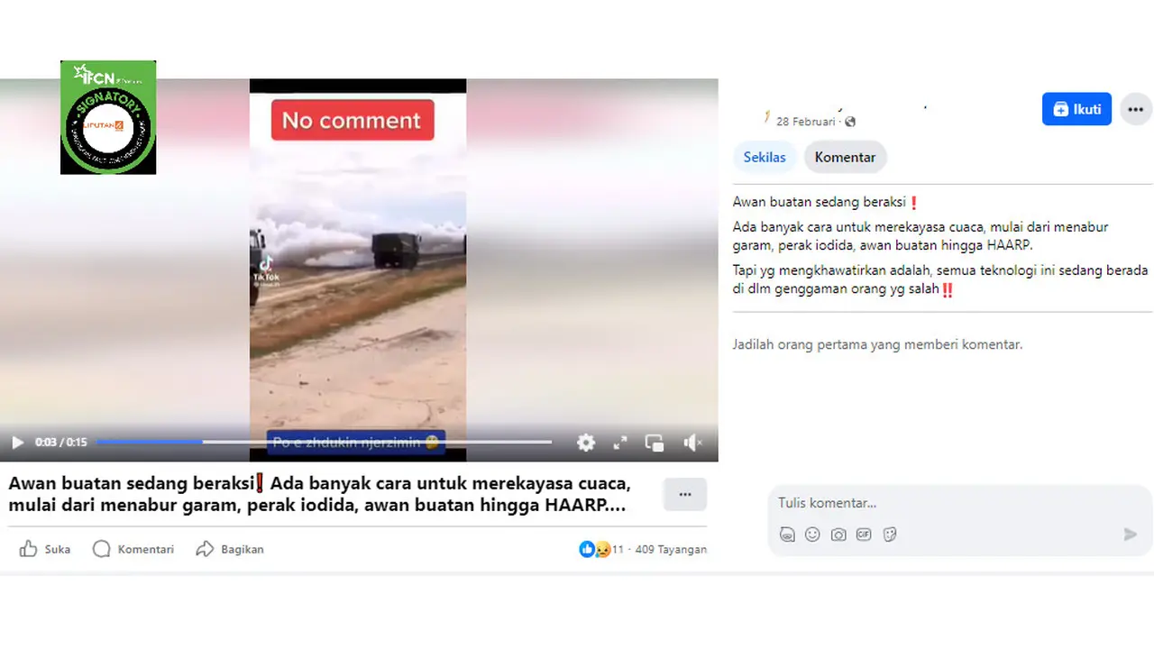 Tangkapan layar klaim video aksi penyebaran awan buatan untuk merekayasa cuaca