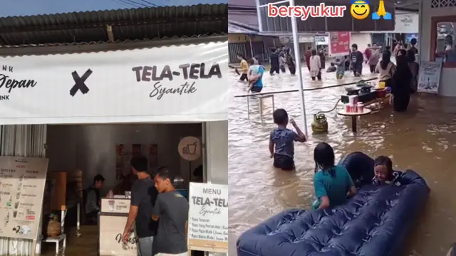 Seorang pebisnis terpaksa buka kafe di tengah banjir.
