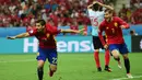 Ekspresi pemain Spanyol, Nolito, setelah mencetak gol kedua ke gawang Turki pada laga Grup D Piala Eropa 2016 di Allianz Riviera, Nice, Sabtu (18/6/2016) dini hari WIB. (AFP/Bulent Kilic)