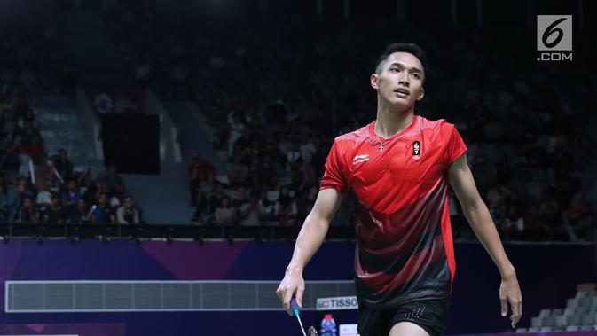 Tunggal putra Indonesia, Jonatan Christie, lolos ke perempat final cabang badminton nomor tunggal putra perorangan. (Liputan6.com/Helmi Fithriansyah)