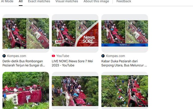 Tangkapan layar Google Image untuk menelusuri klaim foto bus pemudik masuk jurang.