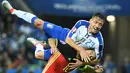 Pemain Italia, Emanuele Giaccherini, berduel dengan pemain Belgia, Eden Hazard, pada laga Grup E Piala Eropa 2016 di Stade de Lyon, Lyon, Selasa (14/6/2016) dini hari WIB. (AFP/Emmanuel Dunand))