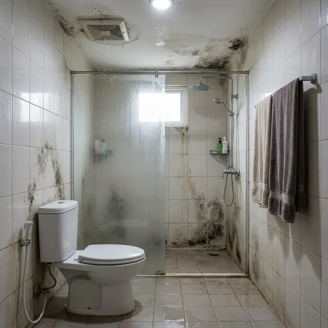 Kamar mandi lembap karena ada kebocoran pipa tak terdeteksi (Gemini AI)
