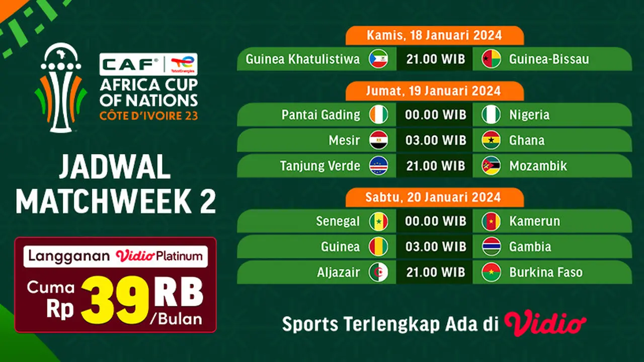 Jadwal Siaran Langsung Piala Afrika 2024 Matchweek 2 di Vidio Pekan Ini