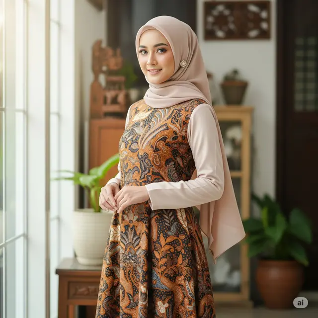 Dress Batik A-Line dengan Lengan Polos Kontras