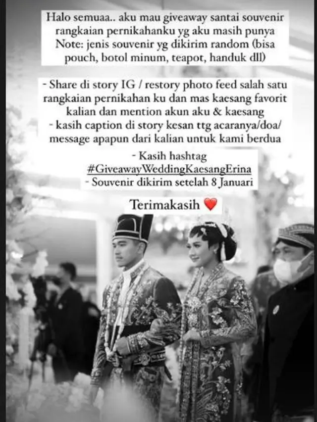 Erina Gudono Mau Bagikan Suvenir Pernikahannya dengan Kaesang Pangarep, Apa Persyaratannya?