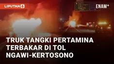 Truk tangki Pertamina terbakar di Tol Ngawi-Kertosono KM 580 Jururejo, Ngawi. Peristiwa ini terjadi pada Selasa (25/6/2024) pukul 19.00 WIB