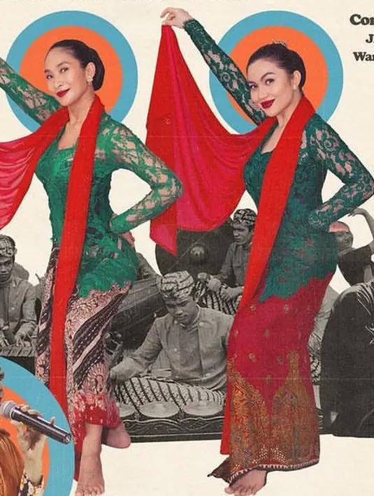 Ketika di poster acara, keduanya tampil dengan kebaya lengan panjang brokat hijau. Dipadukan selendang merah yang sesuai dengan warna lipstik keduanya. [@arieltatum]
