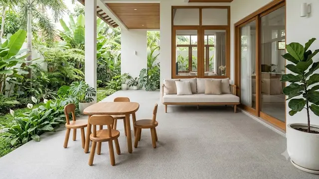 Teras Bergaya Minimalis dengan Furnitur Rounded Edge
