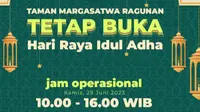 Taman Margasatwa Ragunan, Jakarta Selatan tetap buka pada hari raya Idul Adha yang jatuh pada hari ini Kamis 29 Juni 2023. Informasi tersebut diumumkan melalui akun instagram resmi @ragunanzoo.