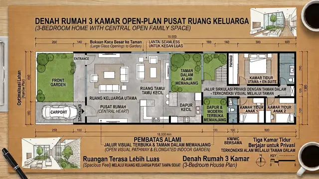 Denah Rumah 3 Kamar Tanpa Sekat untuk Lahan Memanjang (AI Generated)