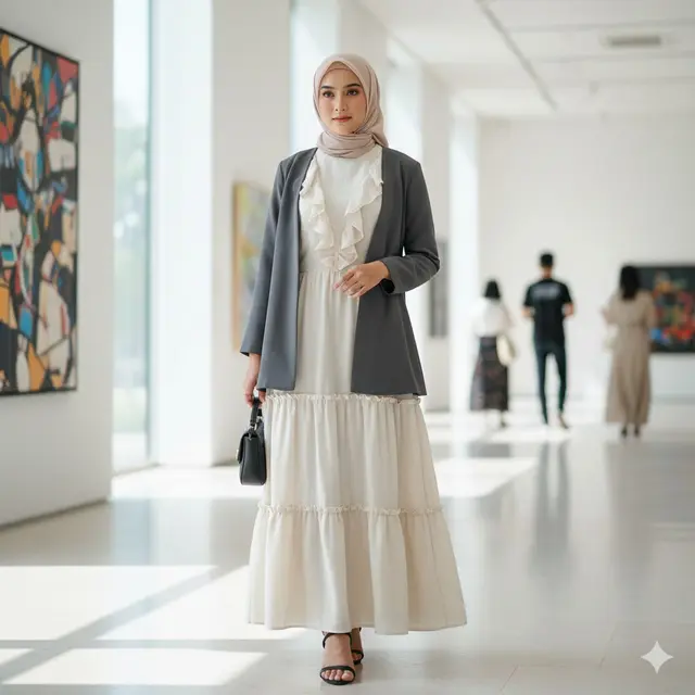Gamis Detail Ruffle dengan Blazer Minimalis (Gemini AI)