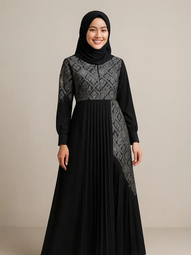 Model Gamis Batik Kombinasi Hitam Polos dan Silver/Ilustrasi AI
