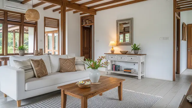 Model Ruang Tamu Nuansa Pedesaan Modern Sederhana dengan Tampilannya Elegan Model dengan Kombinasi Kayu dan Warna Putih