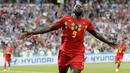 Striker Belgia, Romelu Lukaku, melakukan selebrasi usai mencetak gol ke gawang Panama pada laga Piala Dunia 2018 di Stadion Fisht, Senin (18/6/2018). Belgia menang 3-0 atas Panama. (AP/Matthias Schrader)