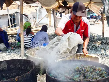 Pekerja menyelesaikan proses perebusan kerang hijau di Kawasan Dadap, Kecamatan Kosambi, Kabupaten Tangerang, Rabu (22/9/2021). Kerang hijua tersebut dijual dengan harga Rp 20 ribu per kilogramnya di wilayah Tangerang Raya.. (Liputan6.com/Angga Yuniar)