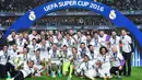 Bagi Real Madrid, ini adalah gelar ketiga di ajang Piala Super Eropa. Sebelumnya, mereka pernah meraih titel serupa pada 2002 dan 2014. (AFP/Jonathan Nackstrand)