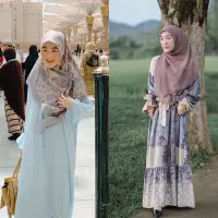 Kerap tampil nuansa pantai, Larissa tampak memadukan kardigan, rok, dan hijab segi empat.