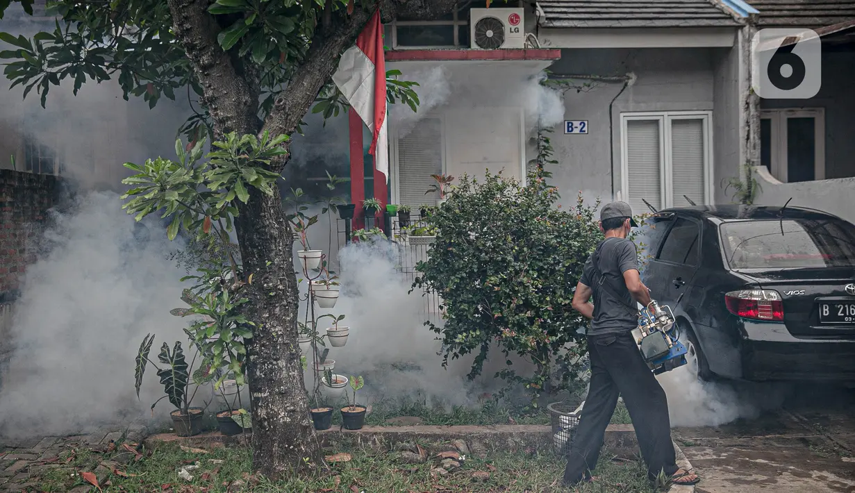 Aktivitas "fogging" atau pengasapan di perumahan Cinere Green Valley, Tangerang Selatan, Minggu (17/1/2021). Pengasapan untuk pencegahan penyakit Demam Berdarah Dengue (DBD) yang disebabkan gigitan nyamuk Aedes Aegypti terlebih sudah memasuki musim hujan. (Liputan6.com/Faizal Fanani)