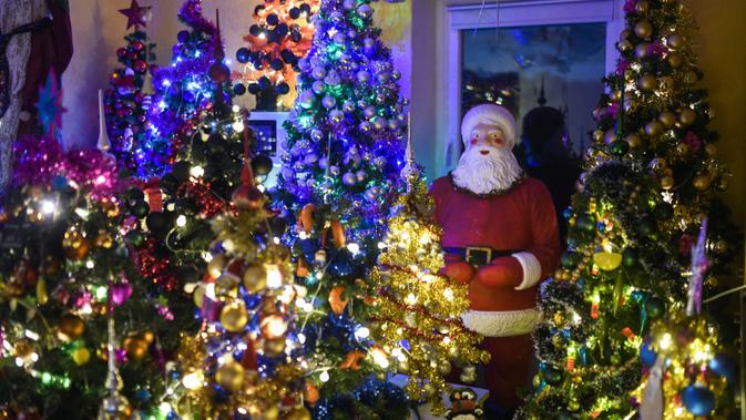 Sosok Santa Claus berdiri di antara pohon-pohon Natal di ruang tamu rumah keluarga Thomas Jeromin di Rinteln, Jerman, 8 Desember 2019.  Thomas Jeromin memenuhi rumahnya dengan 350 pohon Natal di hampir tiap sudut rumah, mulai dari ruang tamu, dapur sampai kamar mandi. (Ina FASSBENDER/AFP)