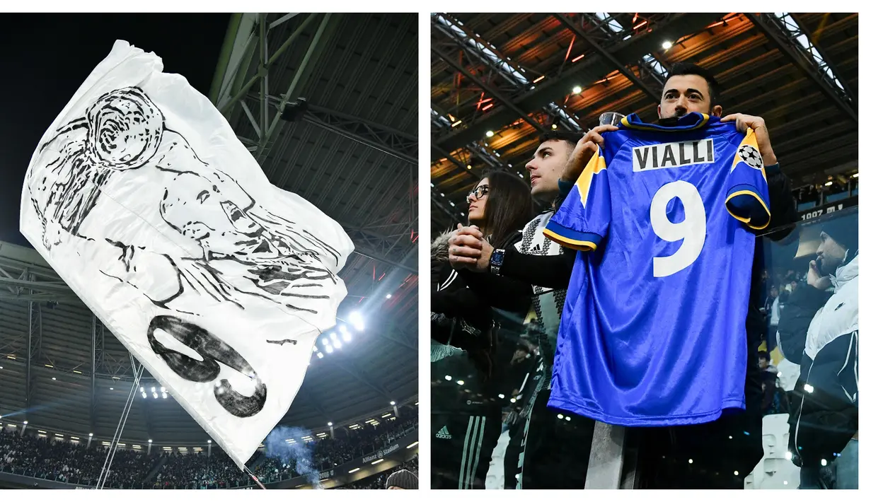 Gianluca Vialli, salah satu legenda sepak bola Juventus baru saja berpulang pada 6 Januari 2023 lalu. Sebagai salah satu klub tersukses yang pernah dibela semasa aktif bermain, Juventus pun menaruh respek besar atas kepergiannya. Sebuah penghormatan indah diberikan Juventus menjelang dimulainya laga pekan ke-17 Serie A Liga Italia menghadapi Udinese, Minggu (8/1/2023) dini hari WIB di Allianz Stadium. Hasil tiga poin pun akhirnya didedikasikan bagi pemain yang mengenakan jersey bernomor punggung 9 semasa membela Bianconeri. (Kolase AFP/Isabella Bonotto)