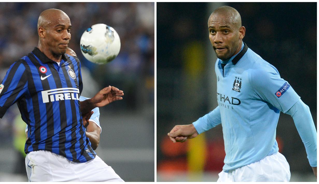 Foto kolase saat Maicon (kiri) membela Inter Milan dalam pertandingan Liga Italia pada 13 Mei 2012 dan Maicon (kanan) saat membela Manchester City dalam pertandingan Liga Champions pada 4 Desember 2012. (AFP/Gabriel Bouys, Christof Stache)