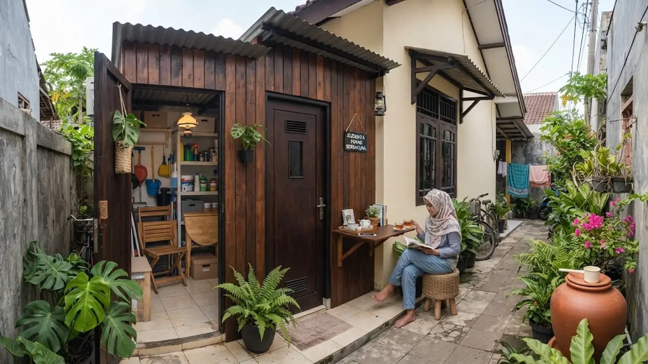 Desain gudang mini 1x2 meter di samping rumah sebagai contoh yang bisa jadi ruang serbaguna